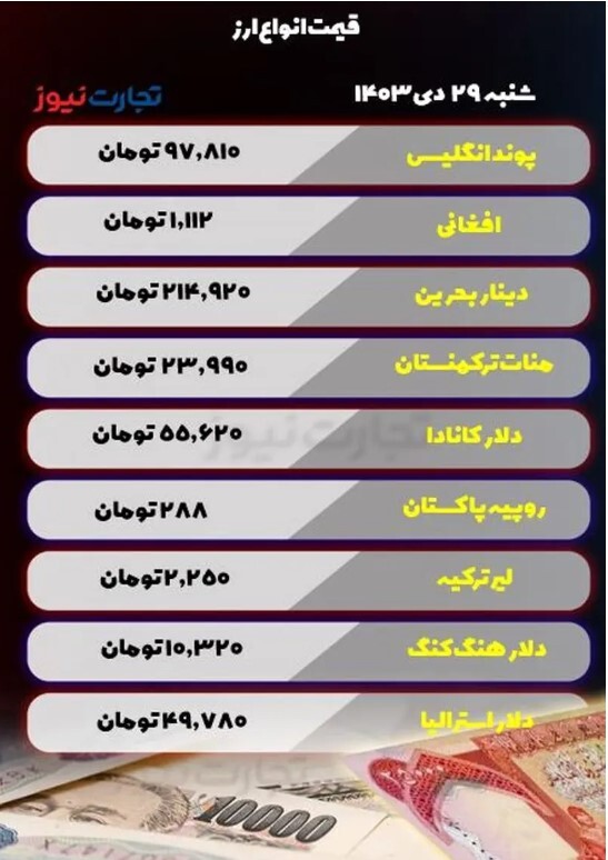 قیمت انواع ارز امروز شنبه ۲۹ دی ۱۴۰۳ / نوسان در بازار ارز + اینفوگرافی